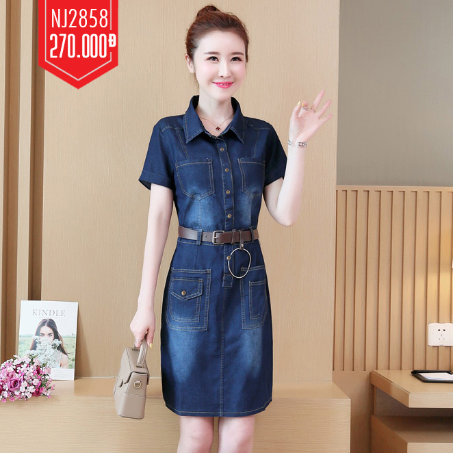 ĐẦM JEAN CỔ SƠ MI PHỐI TÚI